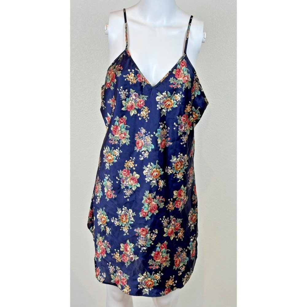 Vintage Floral Slip Dress Womens  L  Navy Pink Chemise Romantic Feminine‎ USA